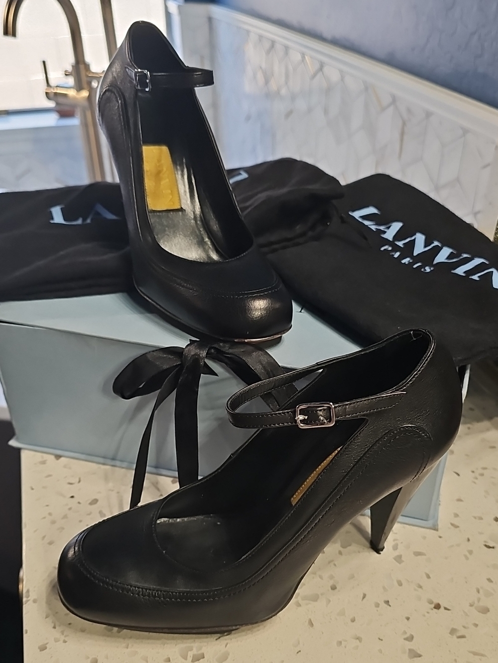Lanvin Black Leather Mary Jane Heels with Ankle Strap